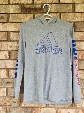 Adidas Youth 14/16 Gray Hoodie with Blue Logo and Sleeve Graphics